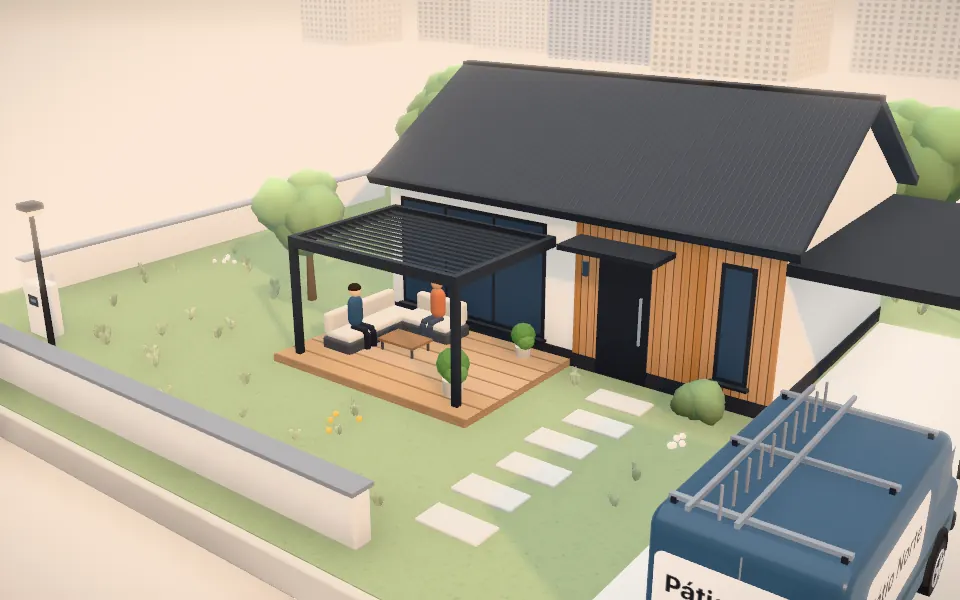 Pergolas: the simulator’s 3D scene with the brand of a fictional company, Pátio Norte