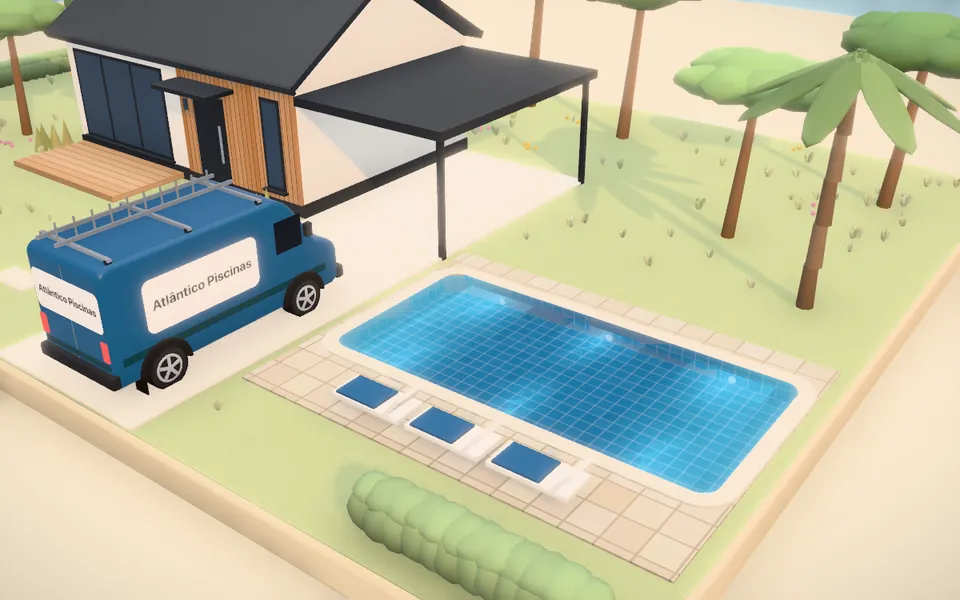 Swimming pools: the simulator’s 3D scene with the brand of a fictional company, Atlântico Piscinas