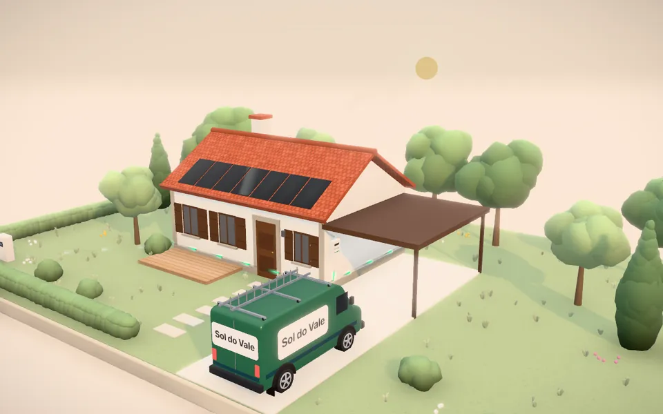 Solar energy: the simulator’s 3D scene with the brand of a fictional company, Sol do Vale