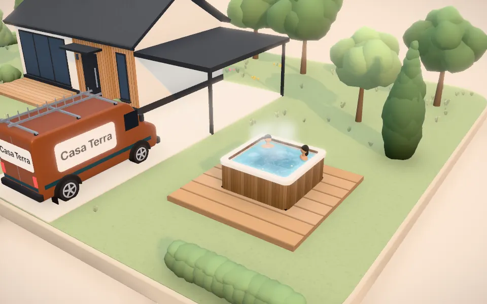 Hot tubs: the simulator’s 3D scene with the brand of a fictional company, Casa Terra